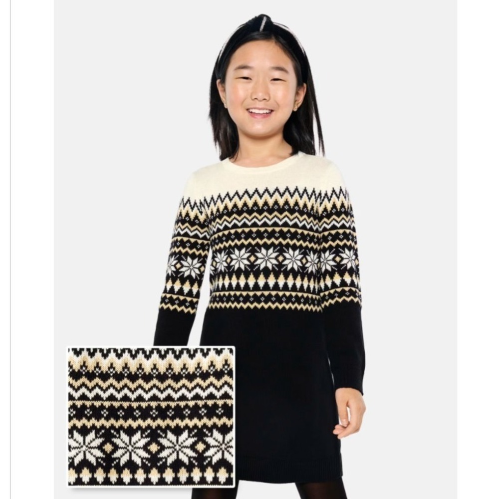 The Children's Place Girls Snowflake Fairisle Sweater Dress Black Size M 7/8 NEW